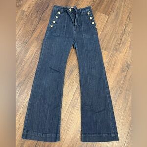 H&M Dark Blue Flare Jeans with Gold Button Detail, excellent condition. Size 6.